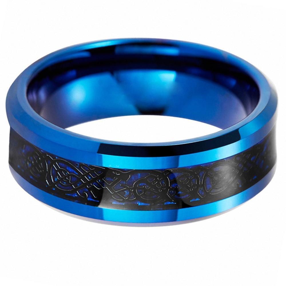 8mm Traditional Celtic Dragon Blue Black Tungsten Mens Ring