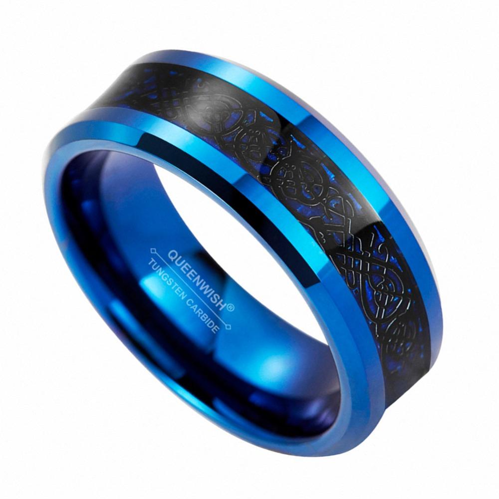 8mm Traditional Celtic Dragon Blue Black Tungsten Mens Ring