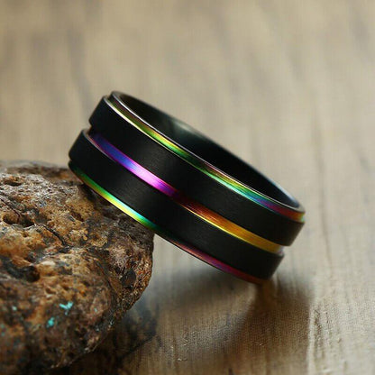8mm Triple Rainbow Matte Stainless Steel Mens Ring