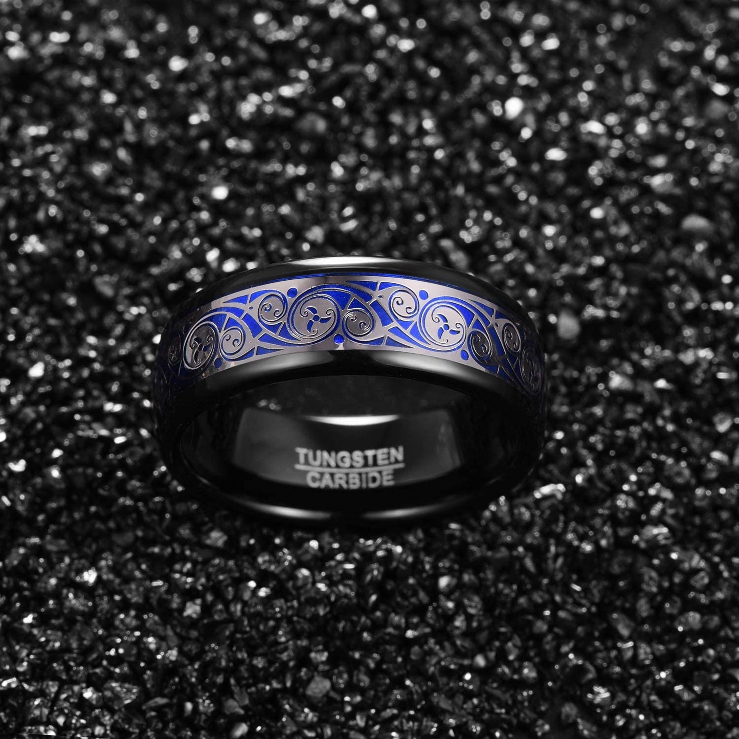 8mm Triple Spiral Pattern Blue Black Tungsten Men's Ring