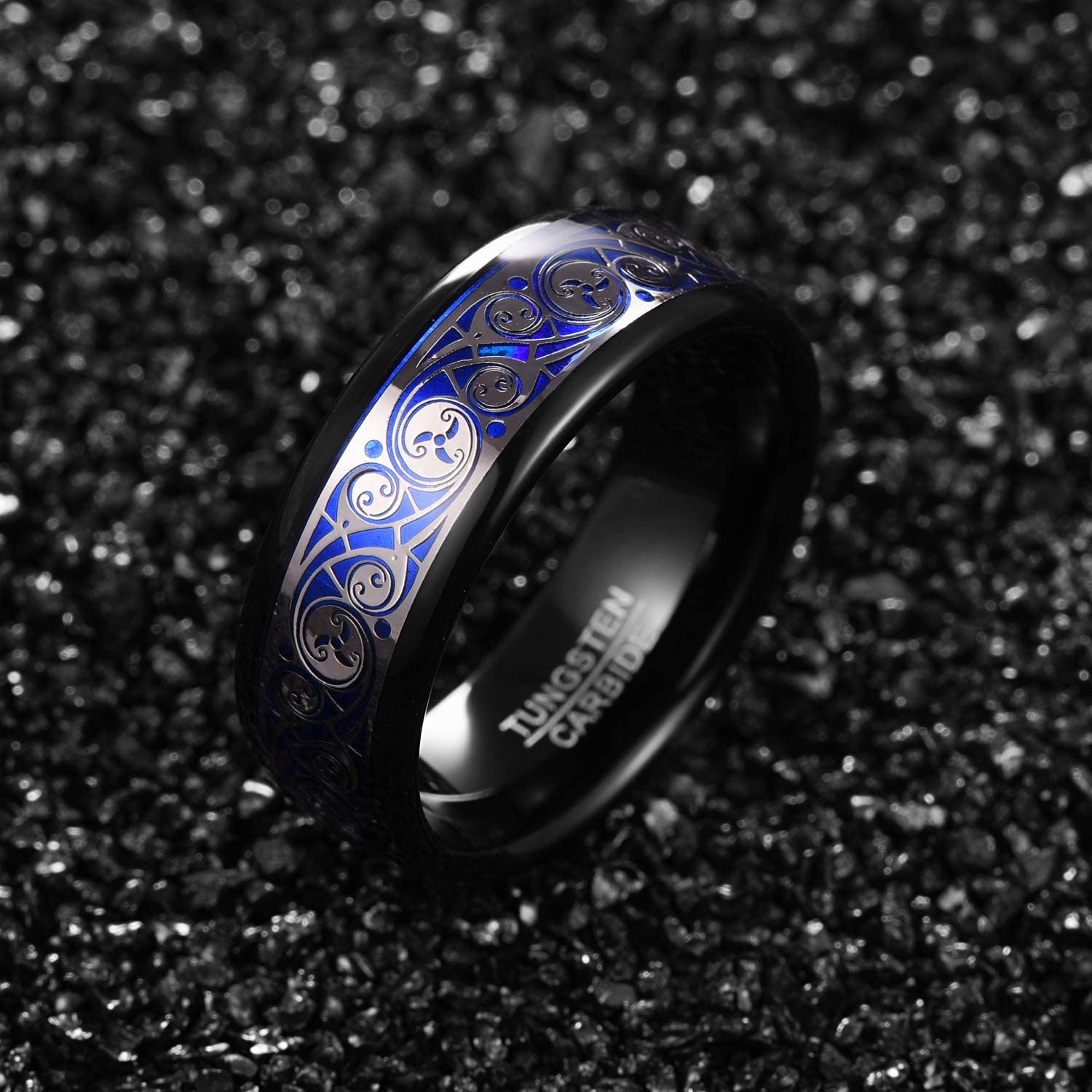 8mm Triple Spiral Pattern Blue Black Tungsten Men's Ring