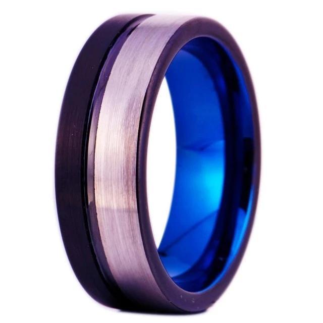 8mm Blue & Silver Tungsten Mens Ring