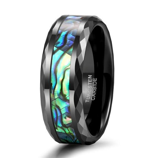 8mm Vibrant Green, Blue Abalone Shell Inlay Black Tungsten Mens Ring