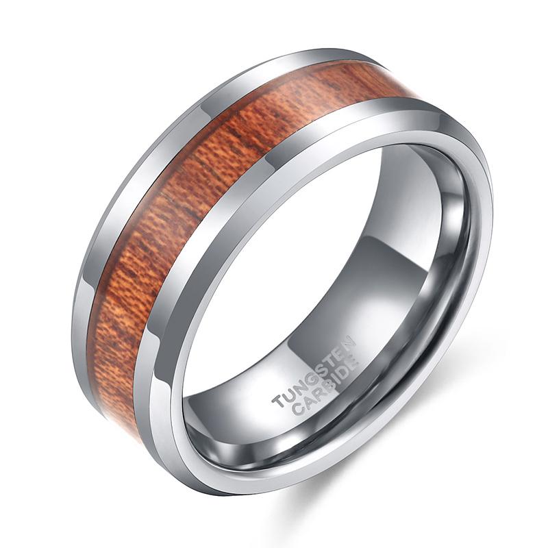 8mm Wood Inlay Tungsten Silver Mens Ring