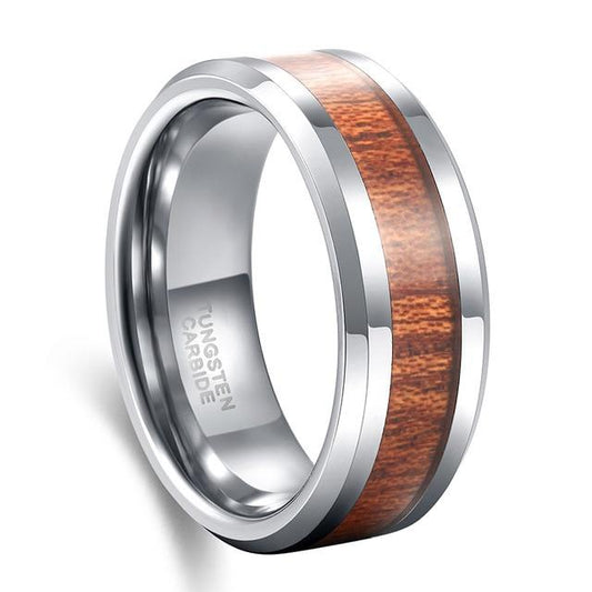 8mm Wood Inlay Tungsten Silver Mens Ring