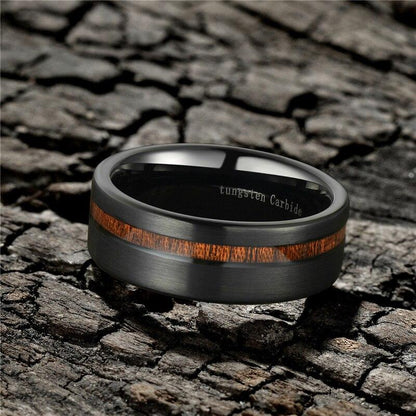 8mm Wood Inlay Black Tungsten Mens Ring