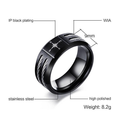 9mm Navigation Compass Design Stainless Steel Men's Ring