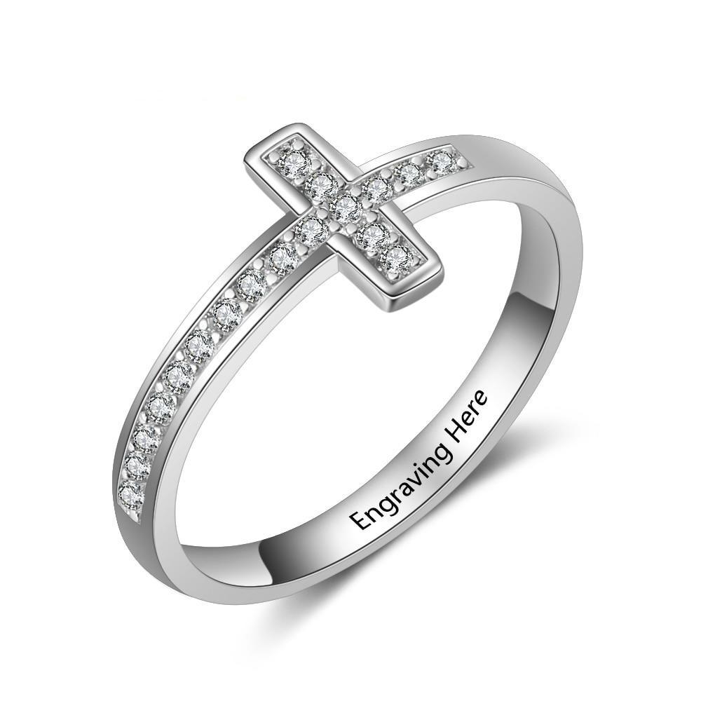 9mm Personalized Christian Cross Womens Ring - 1 Engraving