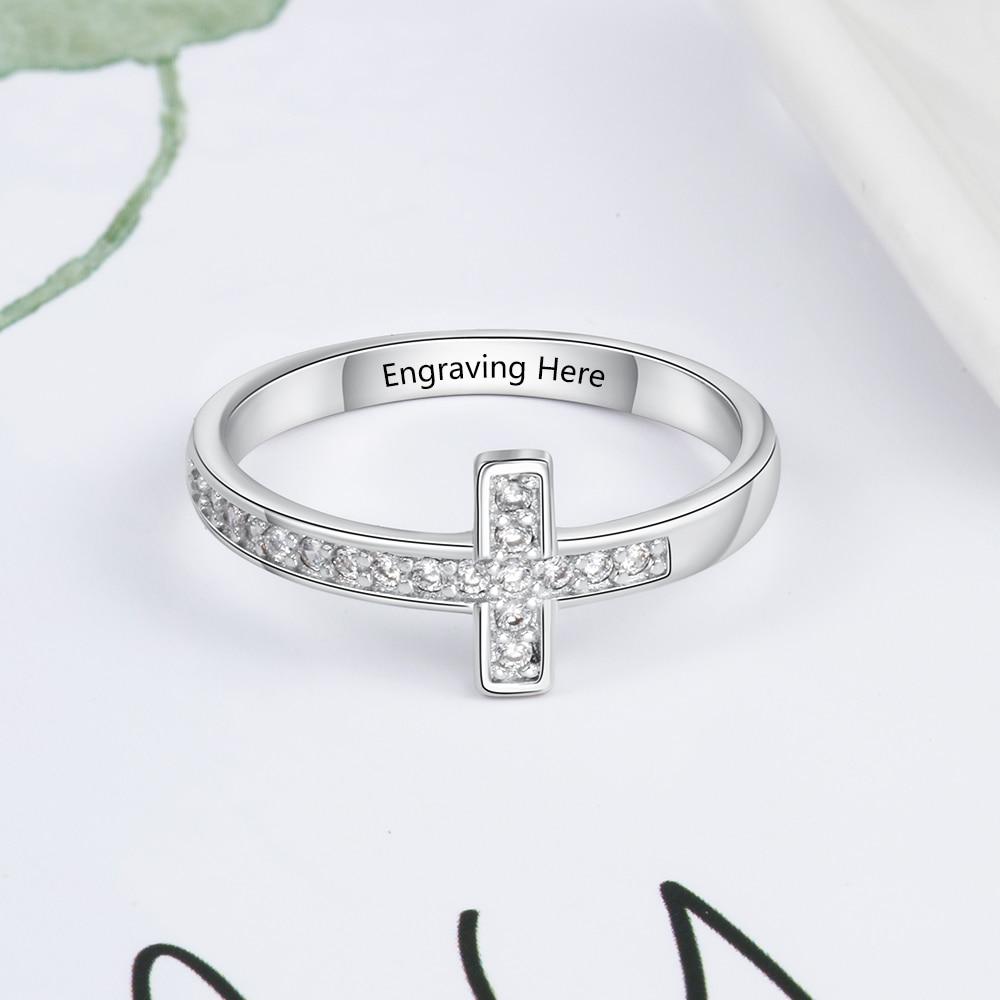 9mm Personalized Christian Cross Womens Ring - 1 Engraving