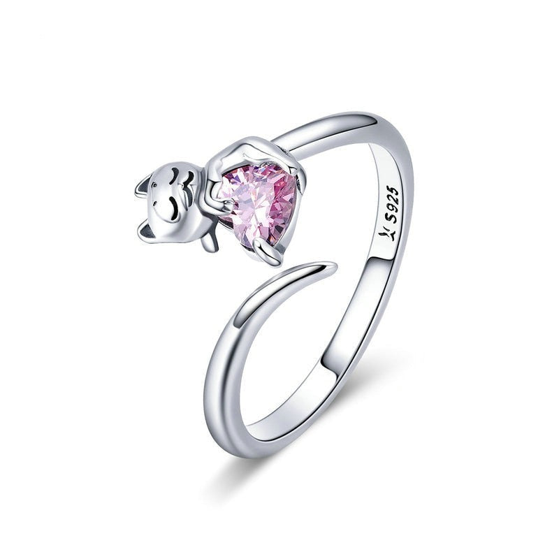 4mm Sterling Silver Cat Ring – Pink Heart CZ & Kitten Design (Women’s) - Promise Rings