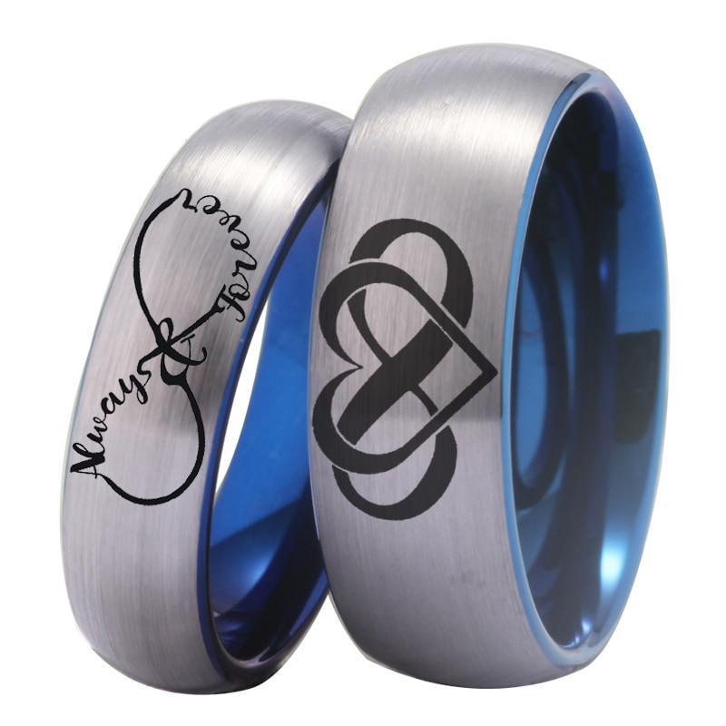 Always Forever Silver Blue Tungsten Couples Rings - Promise Rings