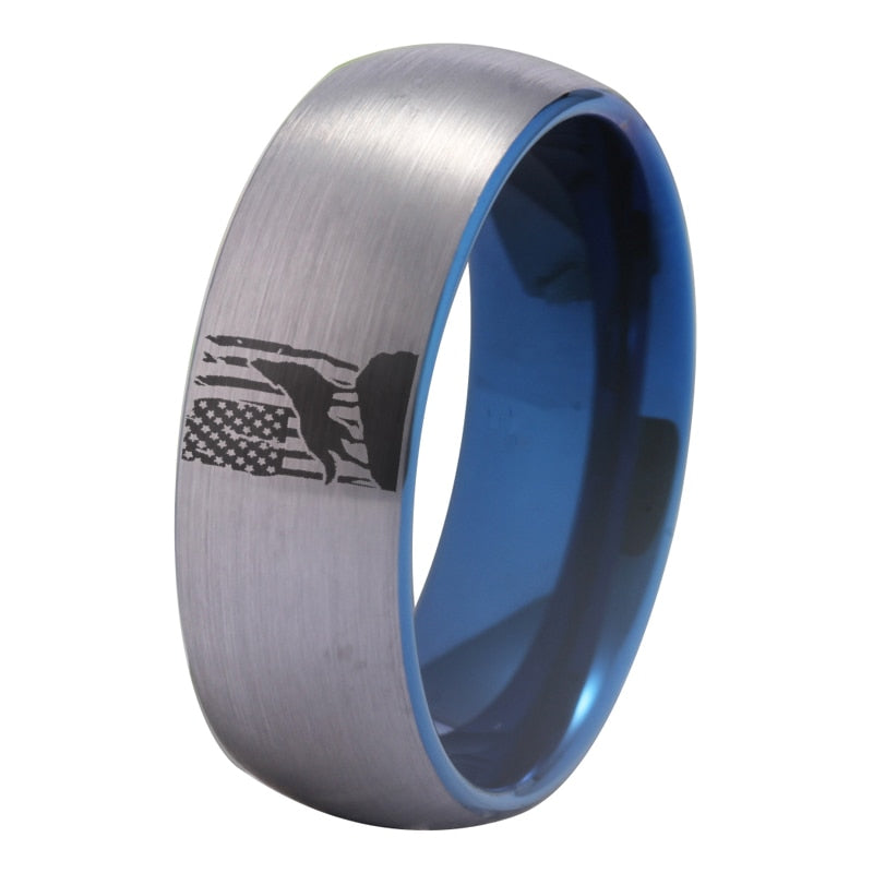 American Flag & Howling Wolf USA Patriotic Tungsten Mens Ring - Promise Rings
