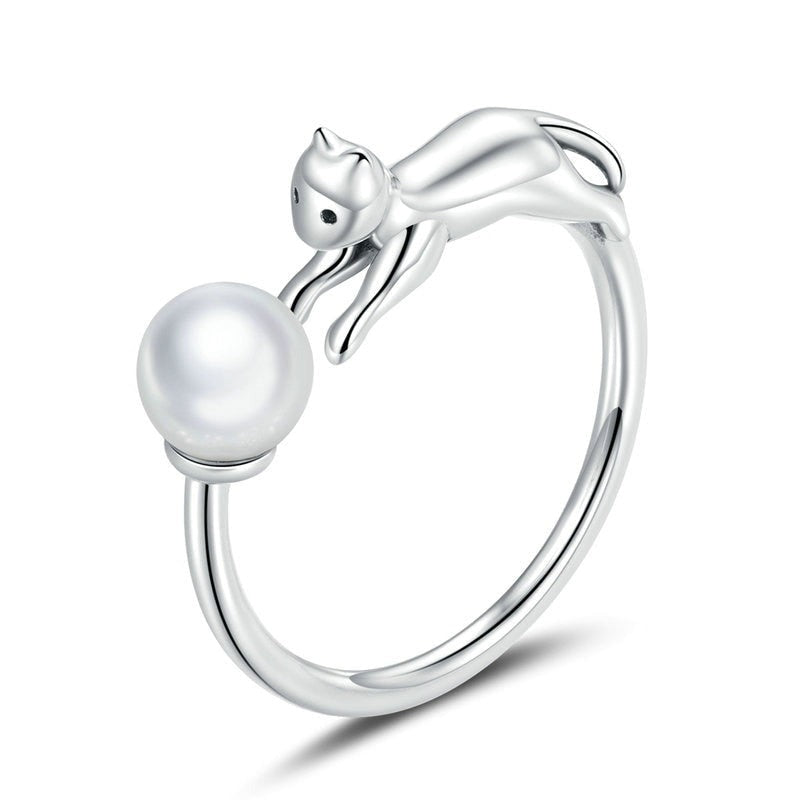 Cat Chasing Ball Pearl Shell 925 Sterling Silver Women's Ring - Promise Rings