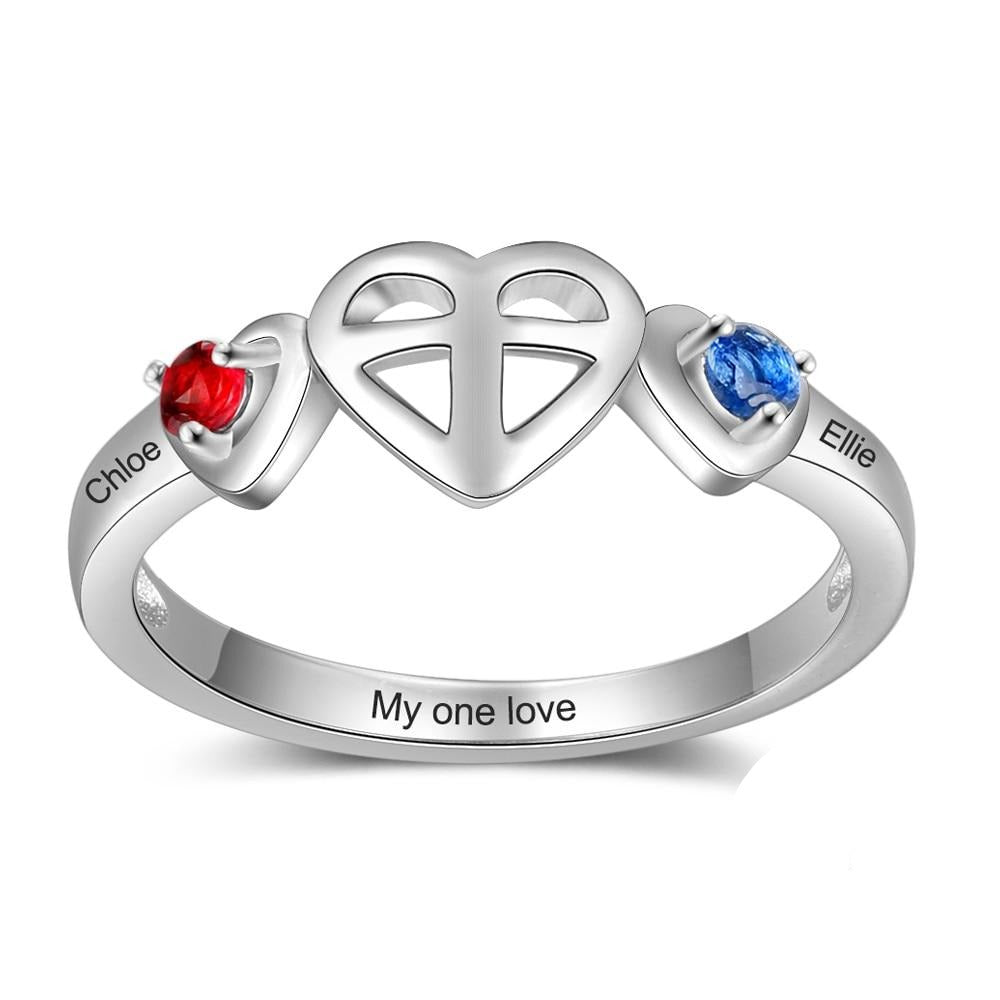 Celtic Cross Love Heart 925 Sterling Silver Womens Ring - 3 Engravings + 2 Birthstones - Promise Rings