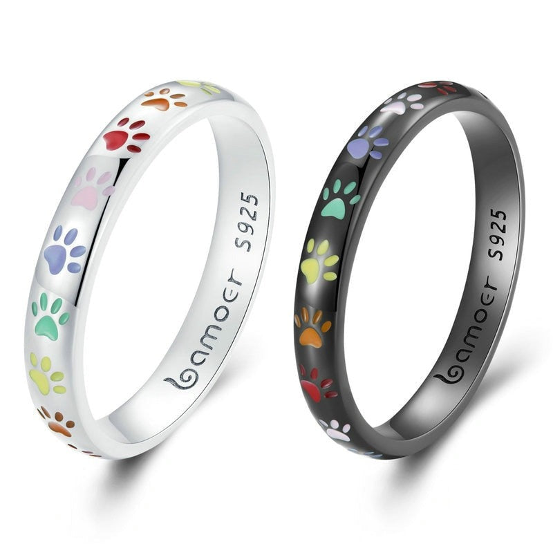 Rainbow Paw Print Sterling Silver Ring – Colorful Enamel Pet Tribute Band (Women's) - Promise Rings