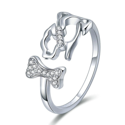 Cute Dog & Bone Cubic Zirconia 925 Sterling Silver Women's Ring - Promise Rings