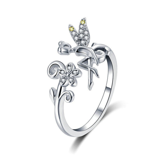 Magical Fairy & Daisy Flower 925 Sterling Silver Adjustable Women's Ring