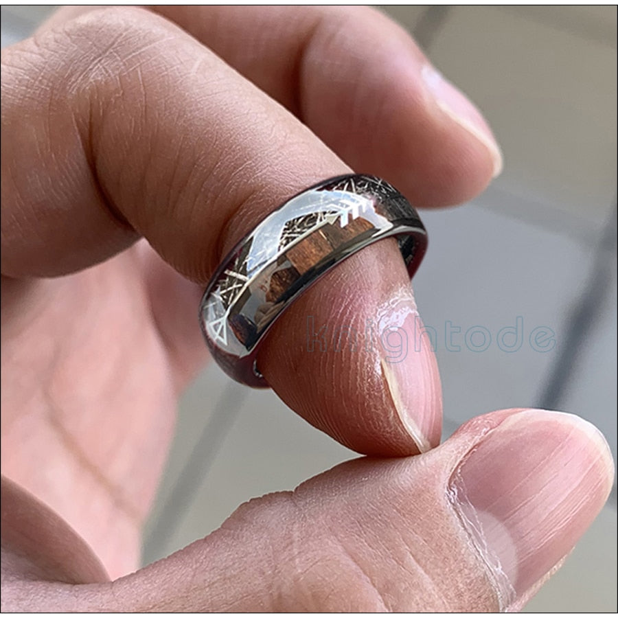 8mm Black Meteorite, Koa Wood & Arrow Inlay Black Tungsten Unisex Ring