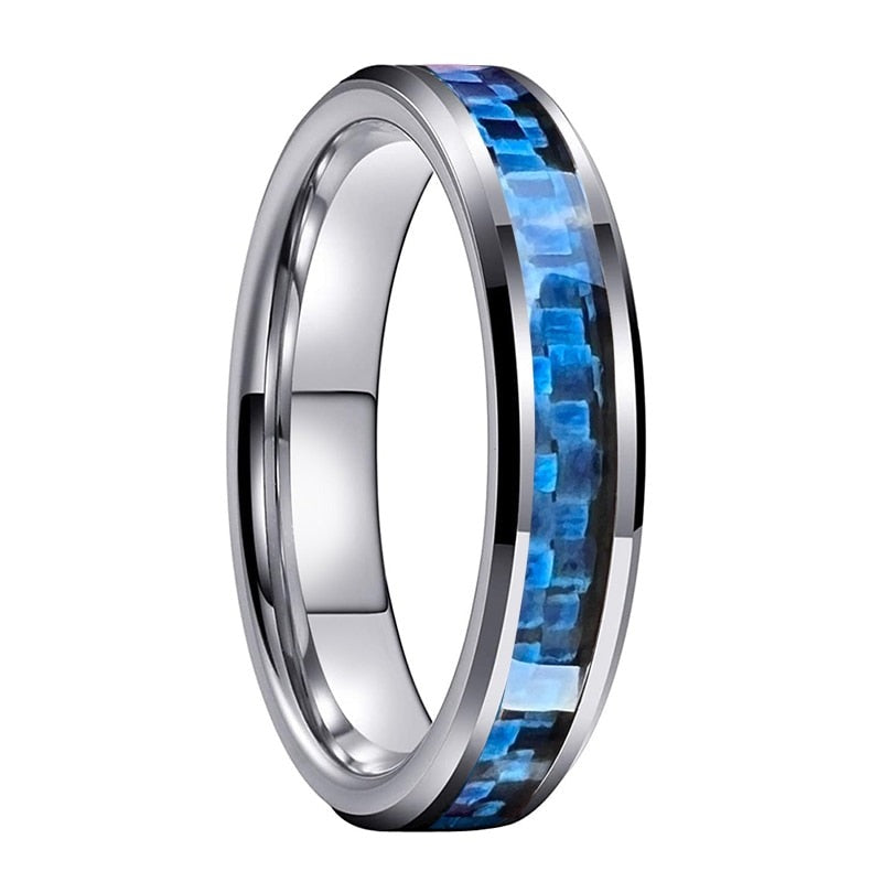 4mm Light Blue Carbon Fibre Inlay Silver Tungsten Unisex Ring