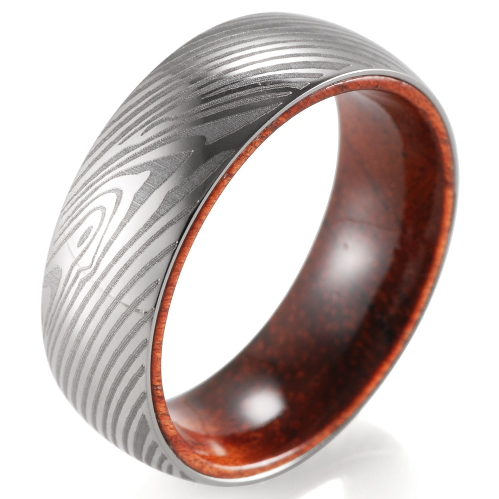 8mm Damascus Style Stripes & Wood Inner Titanium Men's Ring