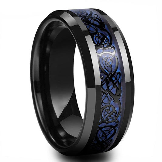 8mm Black Celtic Dragon Inlay & Blue Carbon Fibre Men's Ring