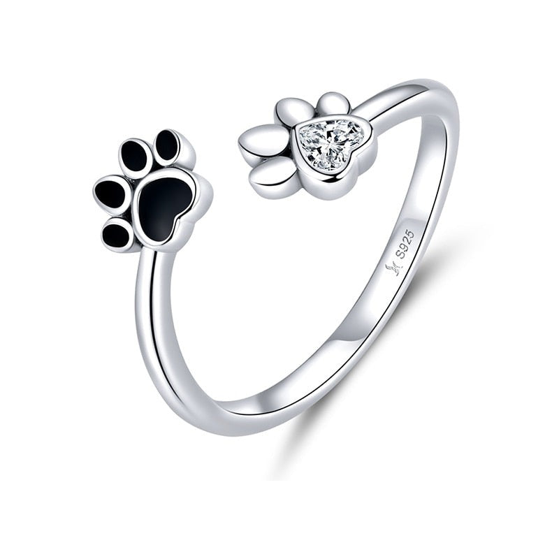 Cute Cat Dog Pets Paw Prints 925 Sterling Silver Adjustable Women's Ring