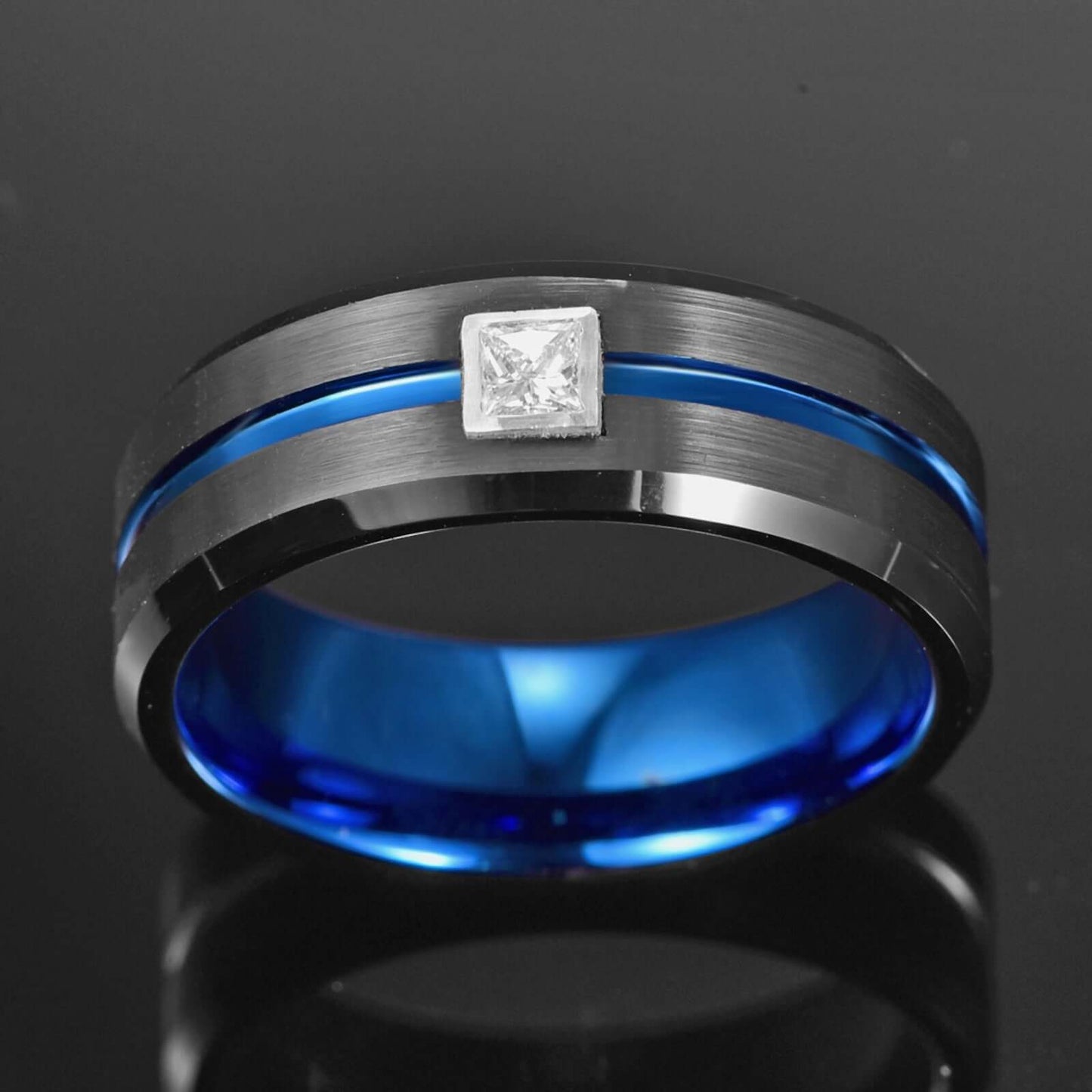 0.3ct Square Real Diamond Black & Blue Tungsten Men's Ring