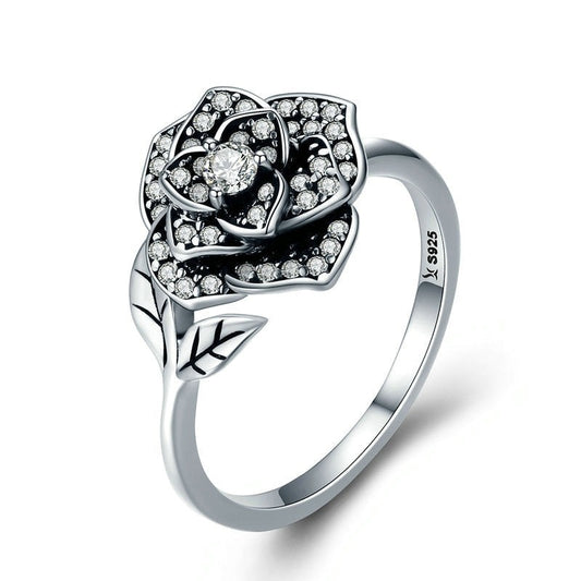 Rose Flower With Dazzling CZ Stones 925 Sterling Silver Women's Ring