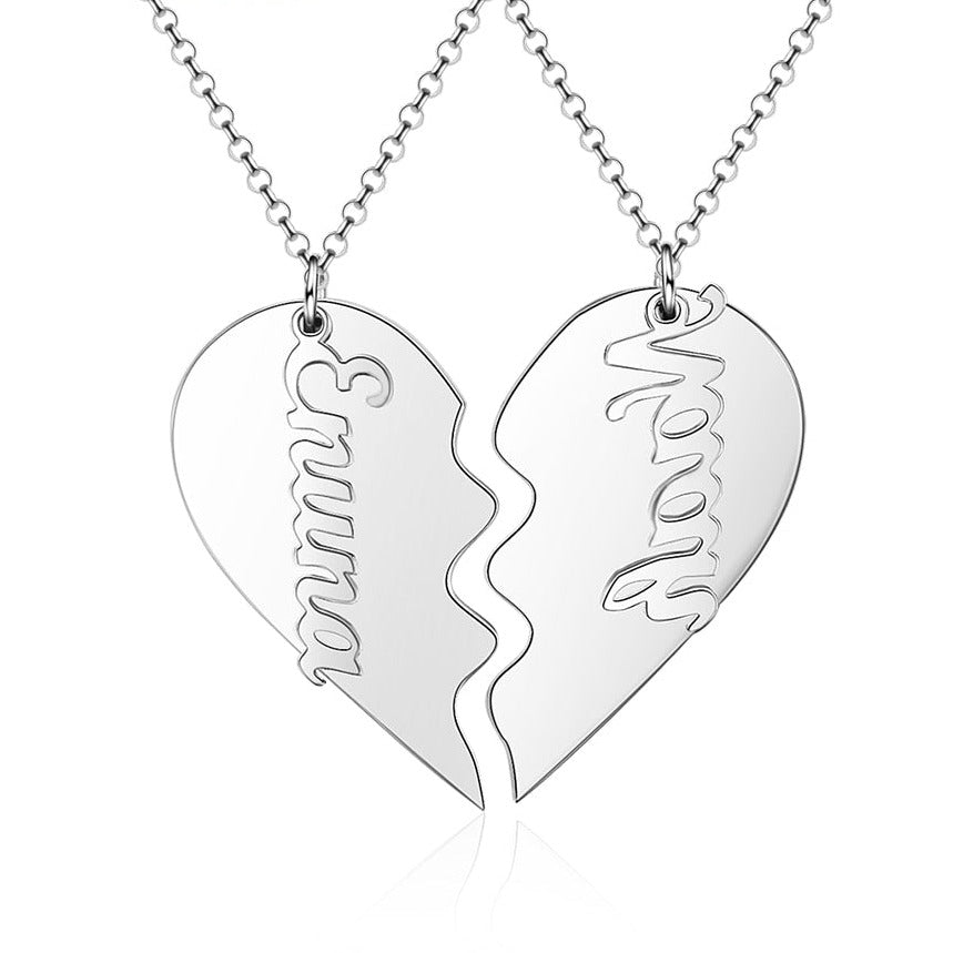 2 Personalized Names Half A Heart 925 Sterling Silver Matching Necklaces