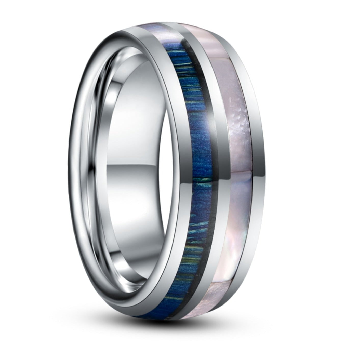 8mm Blue Wood Grain & White Shell Tungsten Men's Ring