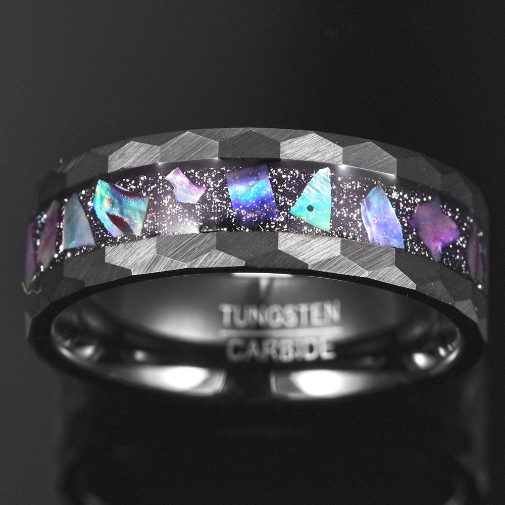 8mm Starry Sky & Abalone Shell Edge Hammered Black Tungsten Men's Ring