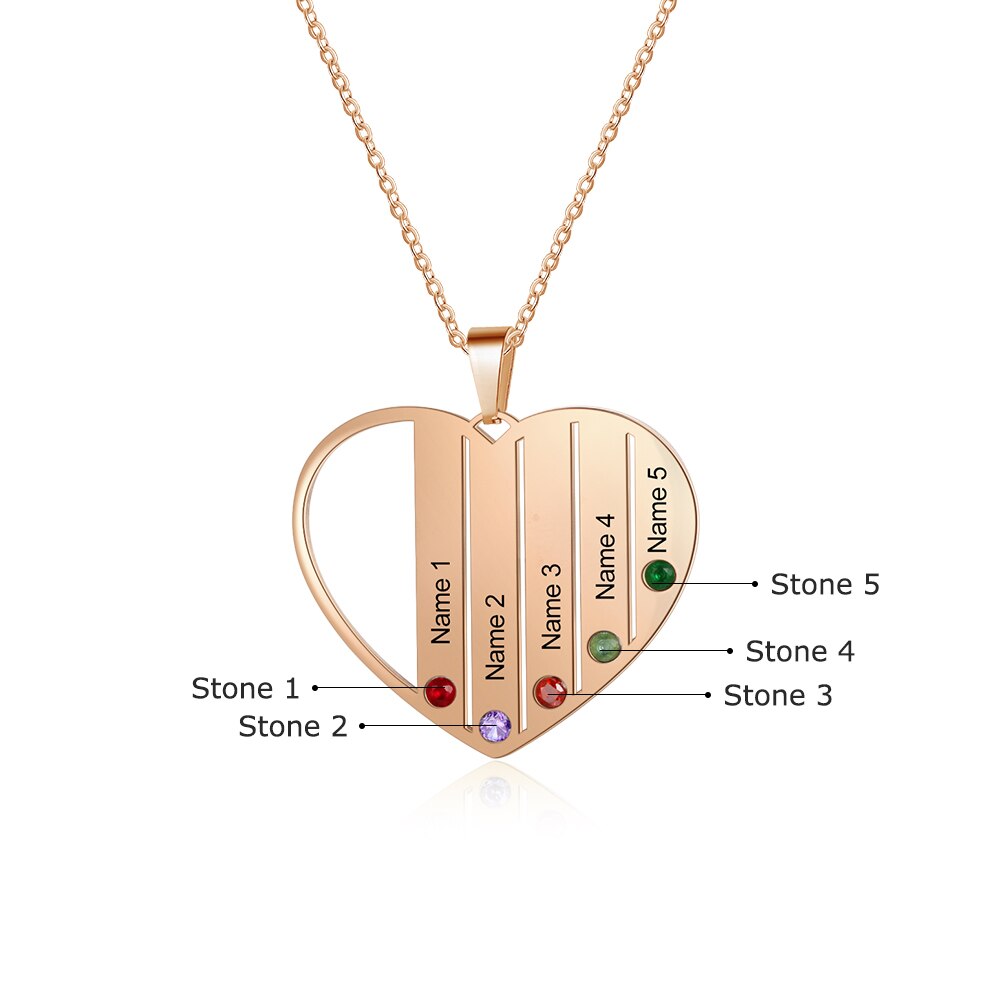 Personalized Heart Family Name Necklace - 5 Birthstones + 5 Engravings