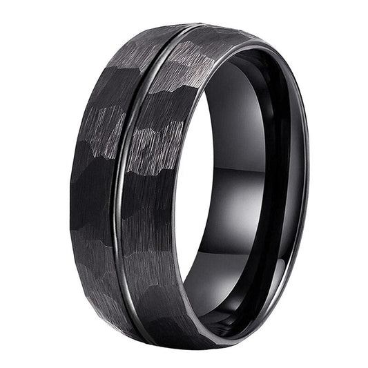 8mm Centre Groove Hammered Tungsten Black Men's Ring