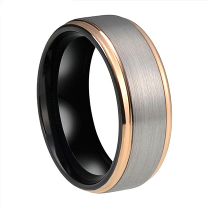 8mm Black, Rose Gold Stepped Edges Silvery Brushed Tungsten Men's Ring