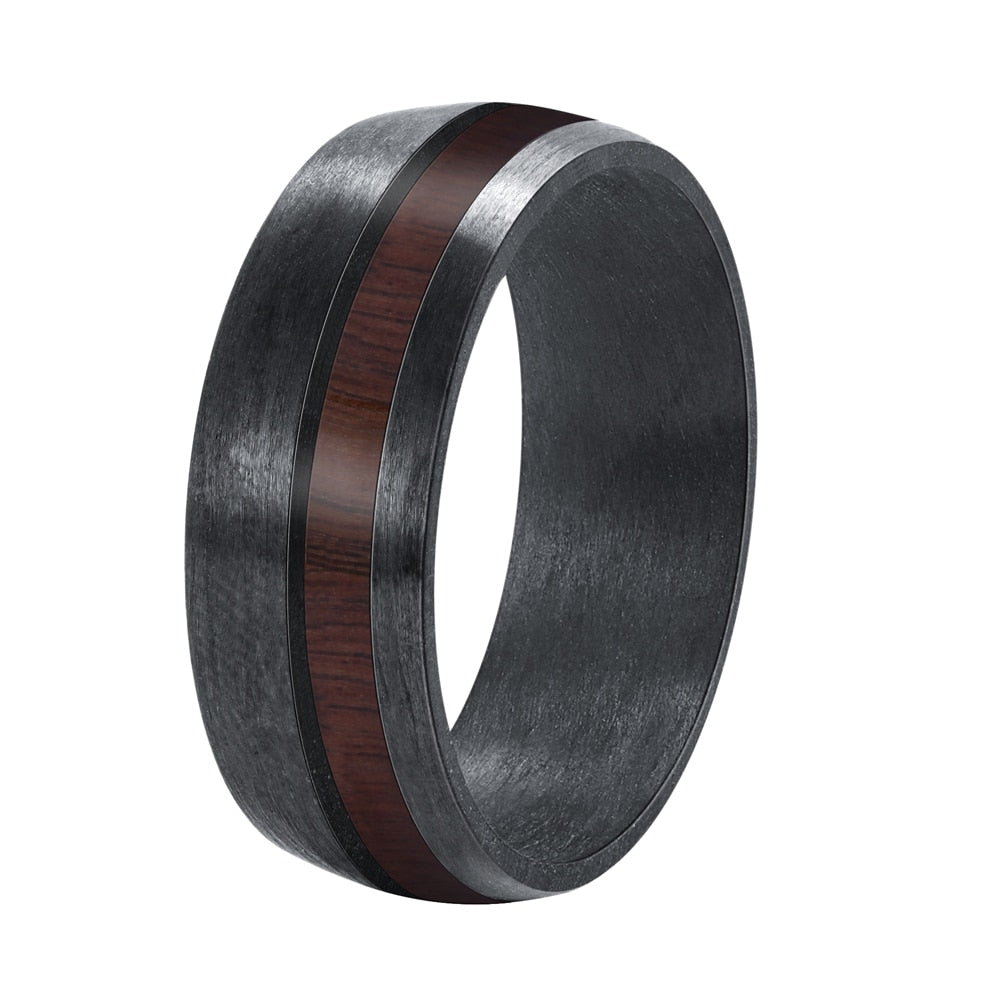 8mm Wood Inlay & Black Carbon Fibre Men's Ring