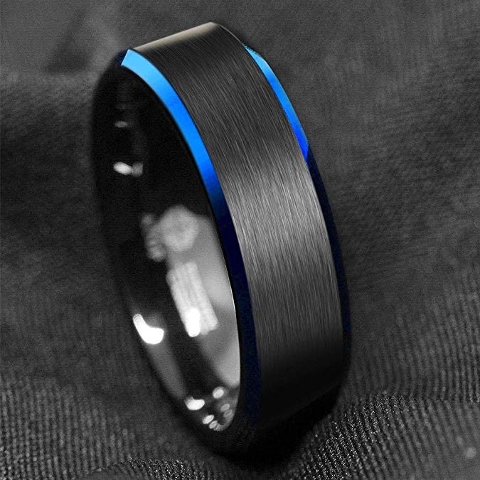 6mm Brushed Finish Blue Polished Edges Mens Ring