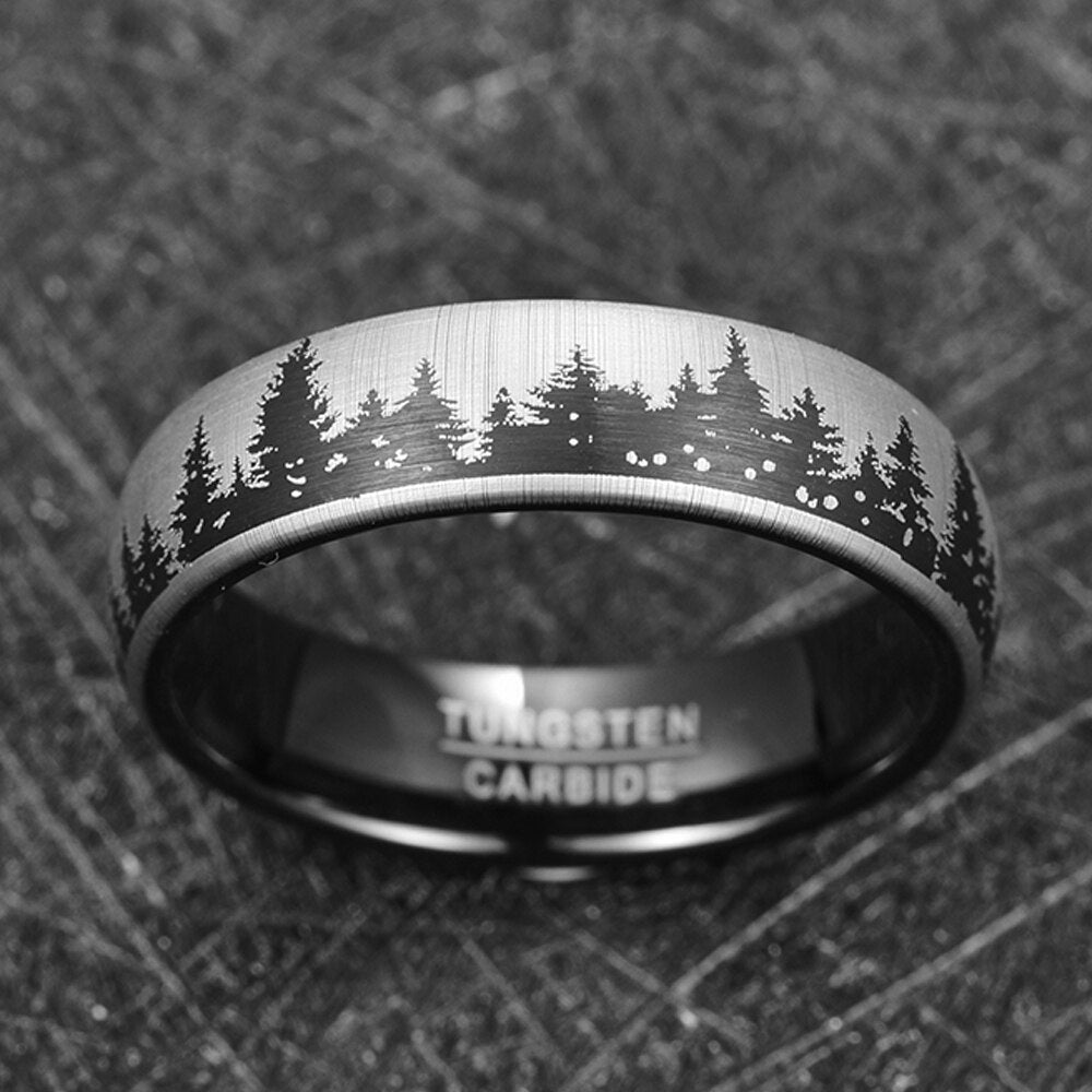 6mm Forest Pine Trees Tungsten Black & Silver Unisex Ring