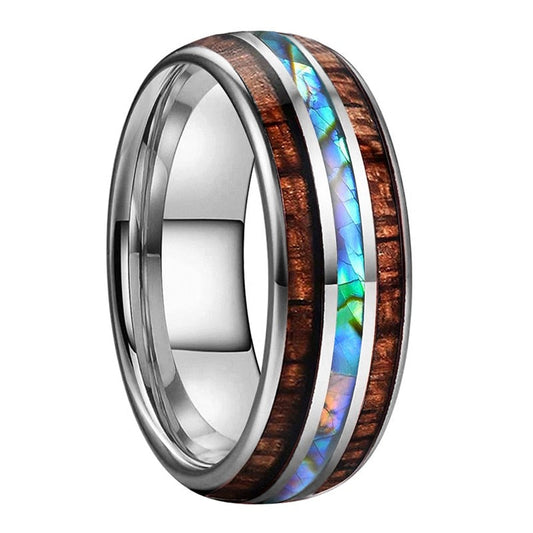 8mm Abalone Shell & Koa Wood Inlay Silver Tungsten Men's Ring