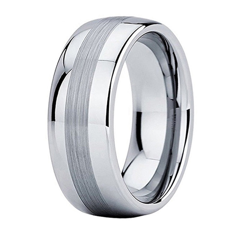 8mm Center Brushed Polished Domed Edges Silver Men's Tungsten Ring