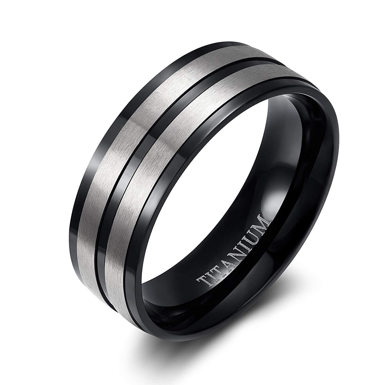 8mm Black Silver Groove Brushed Titanium Mens Ring