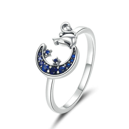 Moon, Stars & Cat 925 Sterling Silver Adjustable Women's Ring