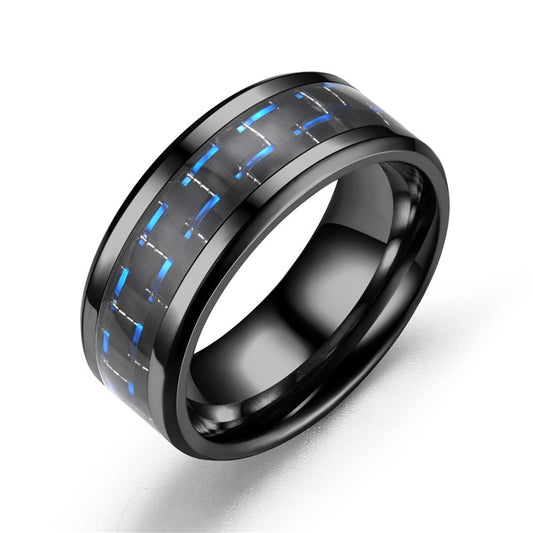 8mm Blue & Black Carbon Fiber Inlay Stainless Steel Mens Ring