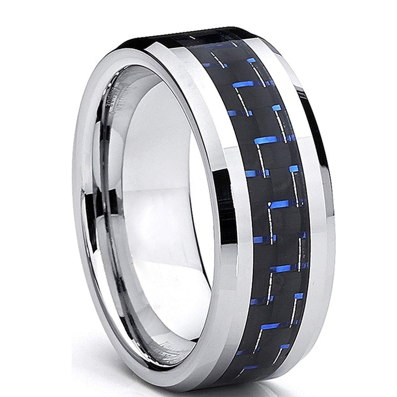8mm Blue Carbon Fibre Silver Tungsten Men's Ring