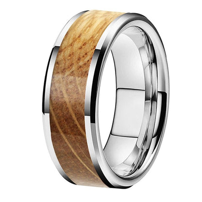 8mm Whisky Barrel Oak Wood Beveled Edges Tungsten Men's Ring
