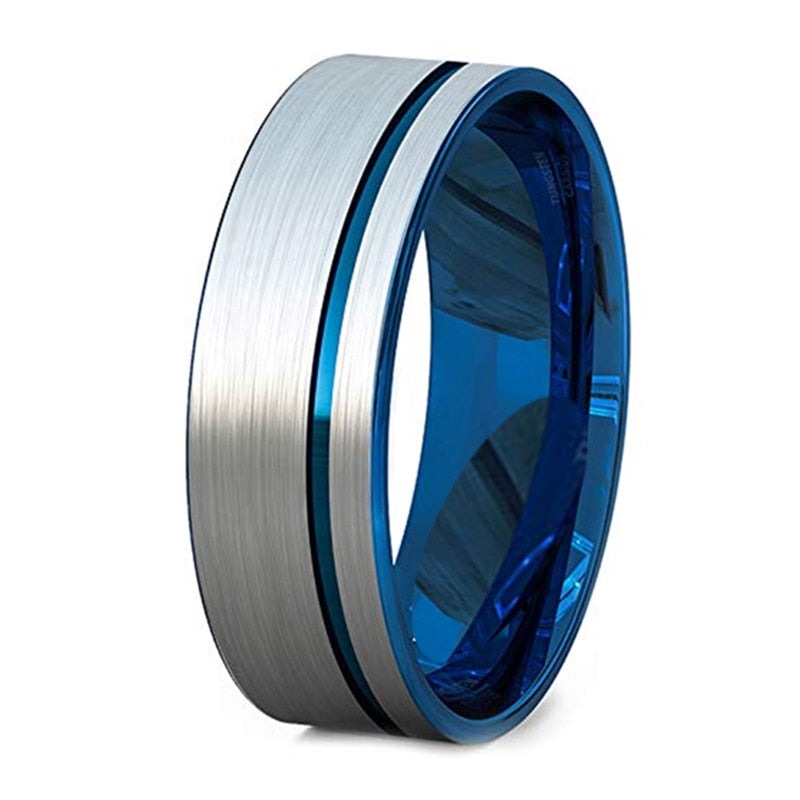 8mm Blue Offset Groove & Silver Brushed Men's Ring