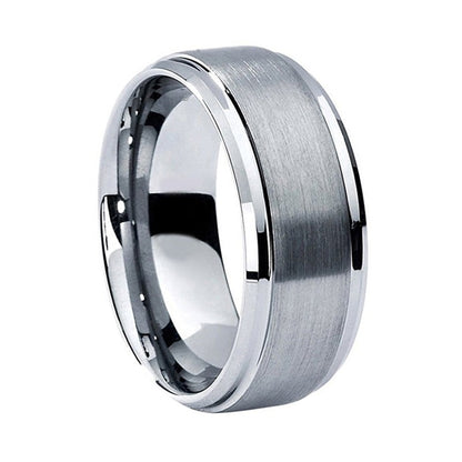8mm Matte Bushed & Beveled Edges Silver Men's Tungsten Ring