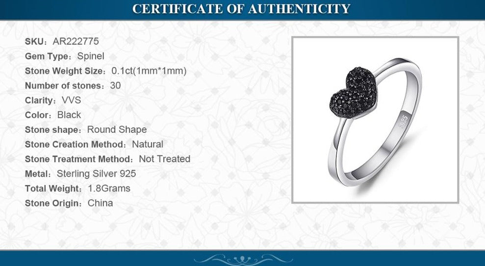 Natural Black Spinel Heart Love 925 Sterling Silver Women's Ring