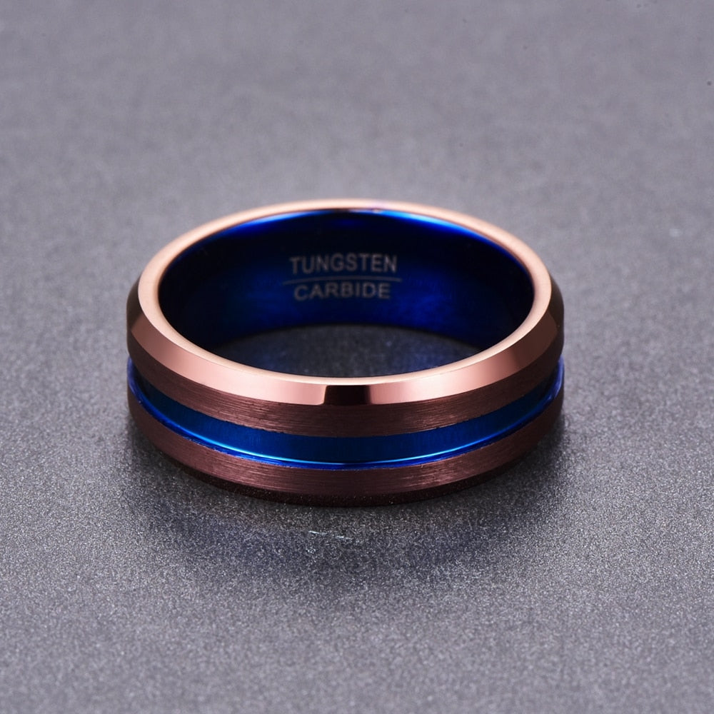 8mm Blue Groove & Chocolate Tungsten Men's Ring