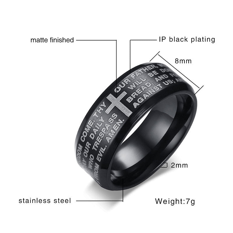 The Lord's Prayer - Bible Scripture & Religious Cross Stainless Steel Men's Ring