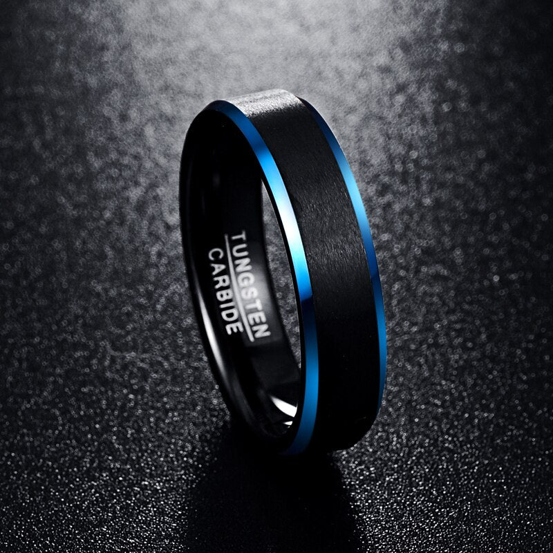 6mm Brushed Finish Blue Polished Edges Mens Ring